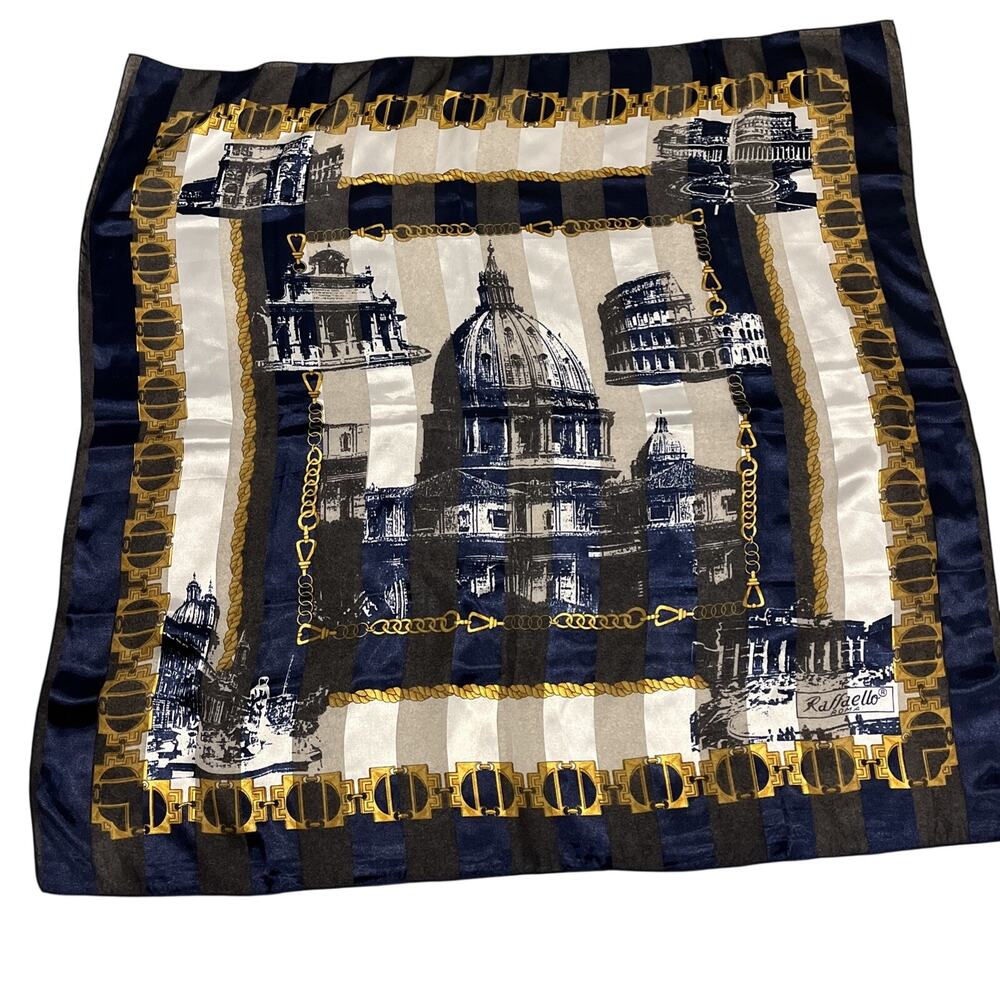 Raffaello Roma Vintage Blue Gold Rome Buildings Oversized Square Scarf 39x39